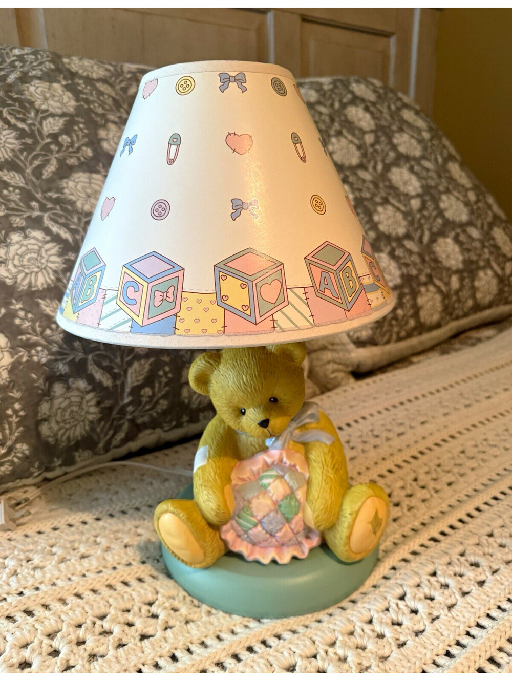 Enesco Teddy Bear Nursery Table Lamp ABC Blocks Vintage 1995 Priscilla Hillman